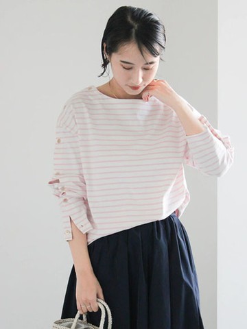 長袖排釦造型橫條紋圓領上衣(0F001628410) - Te chichi