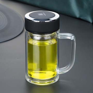 玻璃杯帶把手過濾茶杯帶蓋辦公泡茶雙層便攜水杯加厚耐熱男杯子