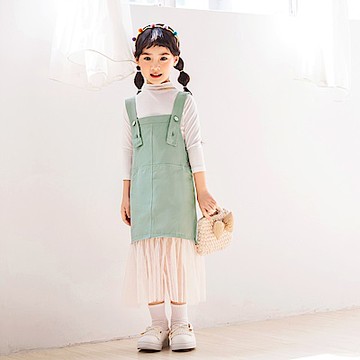 OB嚴選-牛仔拼接網紗魚尾吊帶裙(親子裝)