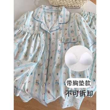 帶胸墊睡衣女夏季可愛短袖云朵綿綢三件套韓版條紋小熊家居服套裝