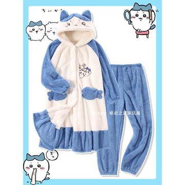 冬季小八睡衣女加厚加絨珊瑚絨chiikawa吉伊卡哇睡袍萌系可愛卡通