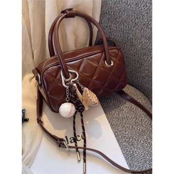 法國MK菱格保齡球包包女2024新款高級感真皮手提包洋氣單肩斜挎包