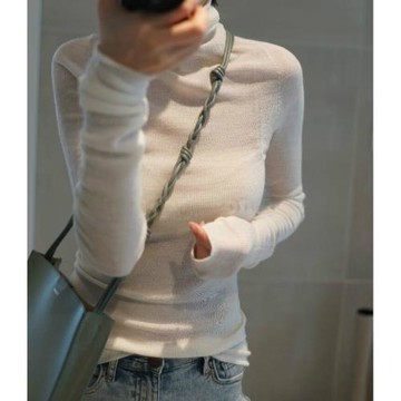 美麗諾100%純羊毛衫女堆堆領微透薄款緊身高領針織打底衫修身毛衣