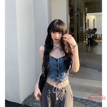 性感辣妹牛仔吊帶背心女外穿2022新款夏季韓版高腰綁帶設計感裹胸