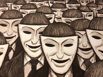 戴著面具的人，烏克蘭人民藝術家 Mykola Popov 的蝕刻版畫，壁畫