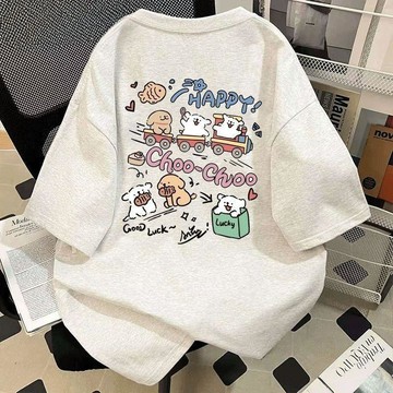 【臺灣-出貨】中大童純棉夏季新款線條小狗印花短袖T恤男女童潮牌寬鬆兒童上衣SHAO1