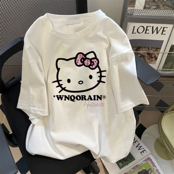 美式甜辣哈嘍Kitty貓短袖百搭T恤夏洋氣獨特大尺寸純棉女生上衣 印花寬鬆情侶短袖T 上衣女 美式t  韓版T 大學T