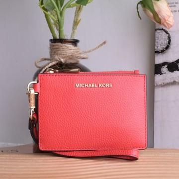 MICHAEL KORS Jet Set Charm 金屬LOGO 素面皮革手提卡片零錢包(橘粉)