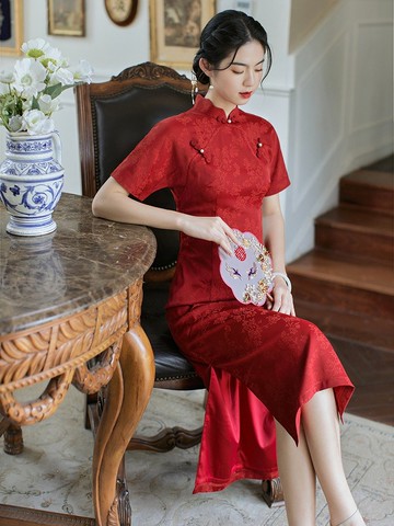 酒紅色 紅瀾 盤扣改良婚禮旗袍  復古改良中式新娘敬酒服禮服