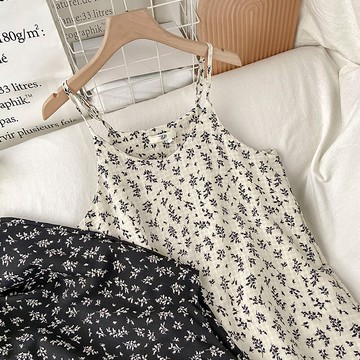 夏季新款法式碎花吊帶連衣裙小清新甜美減齡中長款雪紡裙子女