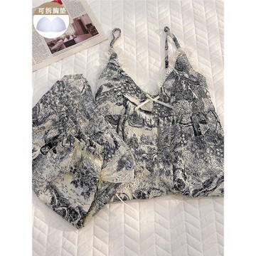韓系ins水墨畫睡衣女新款夏季帶胸墊性感吊帶短褲純棉家居服套裝