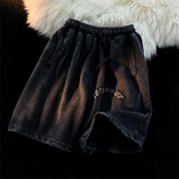 水洗做舊短褲男夏季五分褲潮牌寬松運動褲發泡印花褲子休閑中褲薄