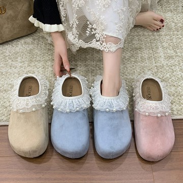 【現貨出清】穆勒鞋．甜美珍珠蕾絲拼接圓頭厚底拖鞋