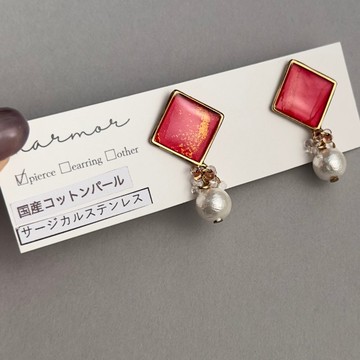 【現貨一件】Alcohol Ink Art 粉色 方形 耳環 醫療級不鏽鋼 日本棉珍珠 優雅 休閒 約會 外出 金色
