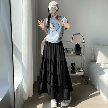 【砂糖夢境】黑色蛋糕裙女2024春秋夏季新款高腰a字小個子法式中長款半身裙潮