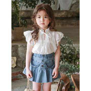 女童飛袖娃娃衫夏季兒童小女孩甜美洋氣蕾絲刺繡白色宮廷襯衫上衣