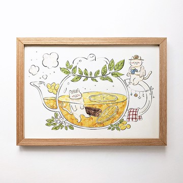 A4 貓和檸檬茶藝術印刷/插圖複製品