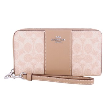 COACH-金馬車防刮LOGO皮革拉鍊掛帶長夾(卡其x膚槓)
