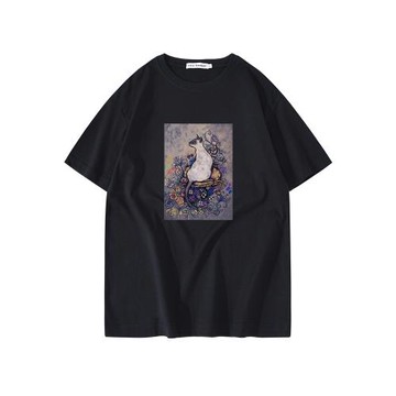 Presshark暹羅貓咪國潮牌貼布復古日系重磅純棉寬松男女短袖T恤