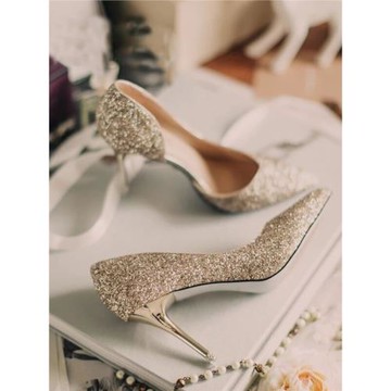 baby明星同款銀色高跟鞋細跟尖頭女單鞋側鏤空亮片金色婚鞋伴娘鞋