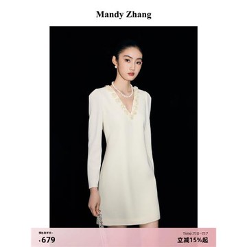 MandyZhang重磅醋酸白色連衣裙女設計優雅氣質V領長袖輕禮服裙子