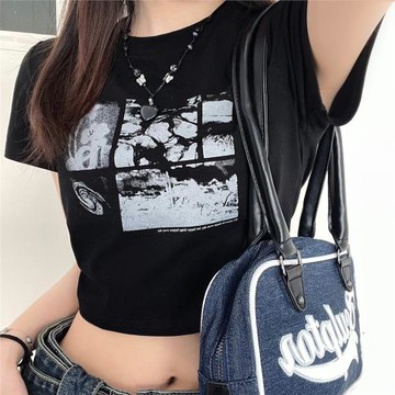 [REコンテナ] 紙片人穿搭黑色復古辣妹短t上衣t恤修身顯瘦短袖女