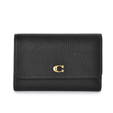 COACH 專櫃款 素面荔枝紋皮革三折翻蓋中夾-黑色