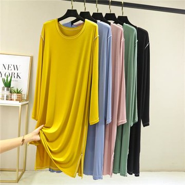 莫代爾休閑裙女薄款長袖圓領開叉a字長裙百搭大碼家居睡裙大擺裙