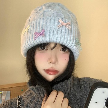 蝴蝶結藍色針織帽女秋冬季保暖護耳毛線帽大頭圍顯臉小包頭帽子