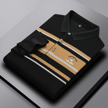 【新款熱賣】男裝 秋季新款休閑翻領長袖經典條紋刺繡POLO時尚商務polo