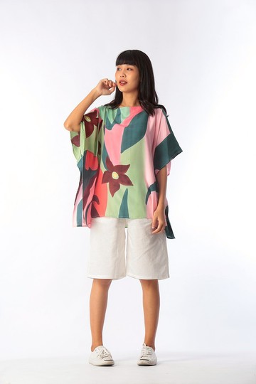 Poncho Blouse Cotton Silk Hand Painted for Summer resort vac