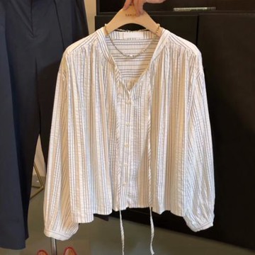 自留爆款推薦~金春記憶 復古文藝感條紋襯衫女綁帶氣質V領上衣