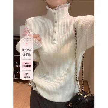 韓系半高領加厚保暖拼接蕾絲打底衫女春秋高級感內搭毛衣針織上衣