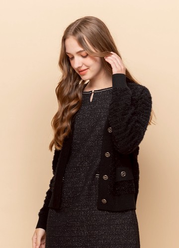 璀璨柔華澎毛感V領針織外套