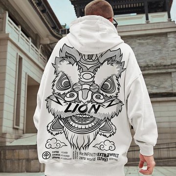 國潮中國風醒獅連帽衫大碼加絨oversize潮牌外套胖子衛衣男潮