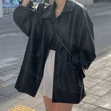 Z10 CU🇰🇷現貨秒出🔥港風翻領皮外套🖤帥氣代表～經典Polo領寬鬆長袖皮外套/夾克/皮衣