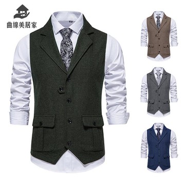 2025新款男士人字呢休閑西裝 馬甲復古翻領馬夾外套男 背心Q9/15