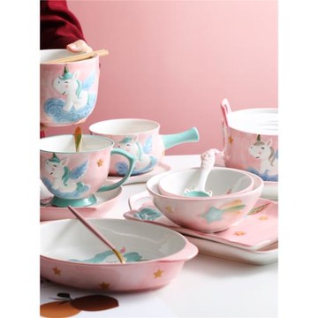 卡通兒童餐具創意手繪陶瓷套裝獨角獸米飯碗盤勺網紅ins家用禮品