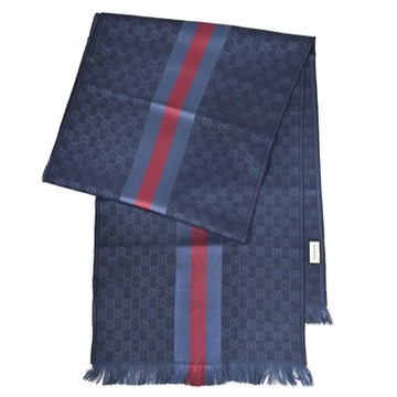 GUCCI 古馳  經典G LOGO綠紅綠造型長圍巾/披肩(深藍)