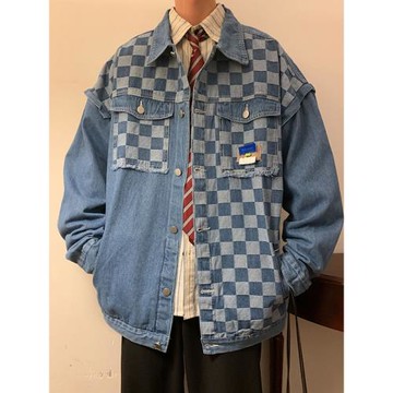 格子拼接牛仔外套男高級感美式復古翻領上衣春秋潮牌寬松工裝夾克