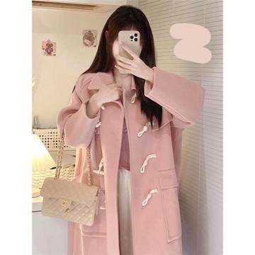 日系可愛中長款呢子女冬牛角扣