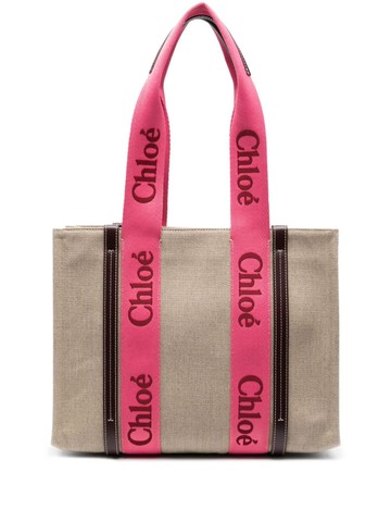 Chloé - medium Woody logo-print strap tote bag - women - Linen/Flax/Calf Leather/Linen/Flax/Polyester - One Size - Neutrals