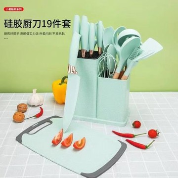 廚房刀具木柄硅膠廚具套裝19件鍋鏟湯勺刀具套裝耐高溫不粘鍋烹飪