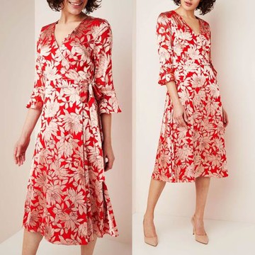 英國H家植絨色織提花名媛貴婦喜慶紅大碼7分袖中長裹身連衣裙女秋