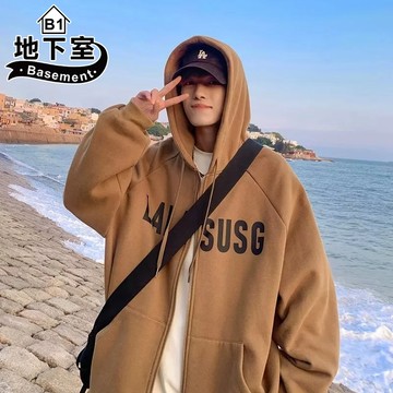 地下室B1-連帽外套 美式復古街頭大Logo刷毛拉鍊連帽外套 寬鬆 情侶 大尺碼5XL【NL685038】