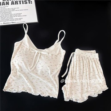 春夏莫代爾甜美碎花性感吊帶睡衣女 帶胸墊純欲休閑家居服三件套