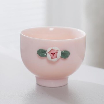 純手工捏花女主人杯品茗杯粉色功夫茶具單杯陶瓷喝茶杯功夫茶盞杯