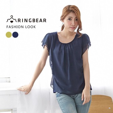 雪紡上衣--飄逸胸前壓摺兩層荷葉袖造型雪紡假兩件上衣(藍.黃L-5L)-U320眼圈熊中大尺碼