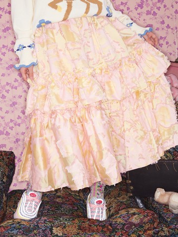 淺粉黃客製剪花梭織半身裙多層荷葉邊