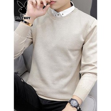 花花公子襯衫領毛衣男士線衣服春秋季新款假兩件加絨打底針織衫男